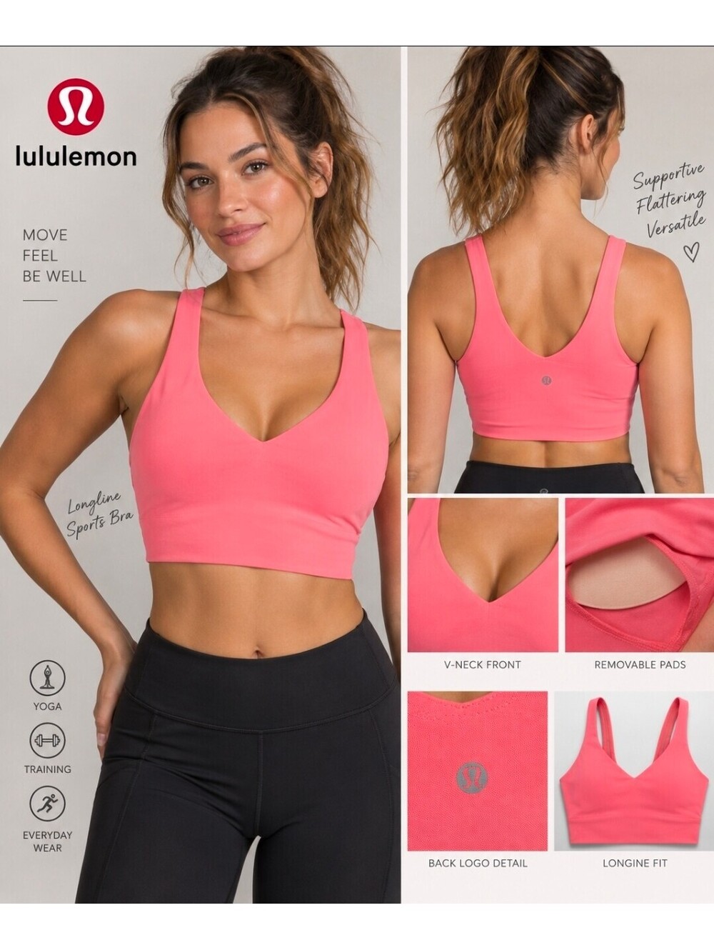 Lululemon Women’s Pink Longline Sports Bra Tank Padded V-Neck Size 8 Est